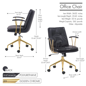 Porthos Home Tilly Office Chair, PU Leather, Gold Chrome Roller Base