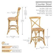 Porthos Home Ziva Counter Stools Set of 2, Elm Wood with Woven Rattan