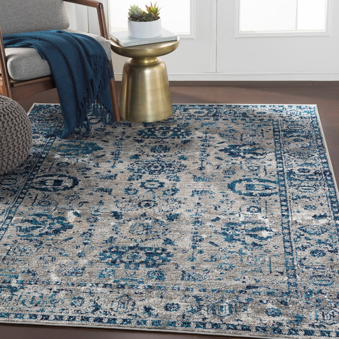 Traditional Distressed Persian Pattern Sky Blue Light Gray Soft Area Rug