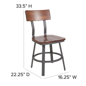 Rustic Walnut Restaurant Chair with Wood Seat & Back and Gray Powder Coat Frame - 16.25"W x 22.25"D x 33.5"H