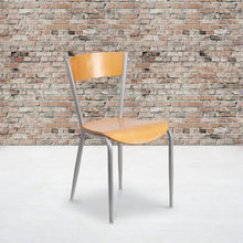 Silver Metal Restaurant Chair - Natural Wood Back & Seat - 16.75"W x 20"D x 32.25"H