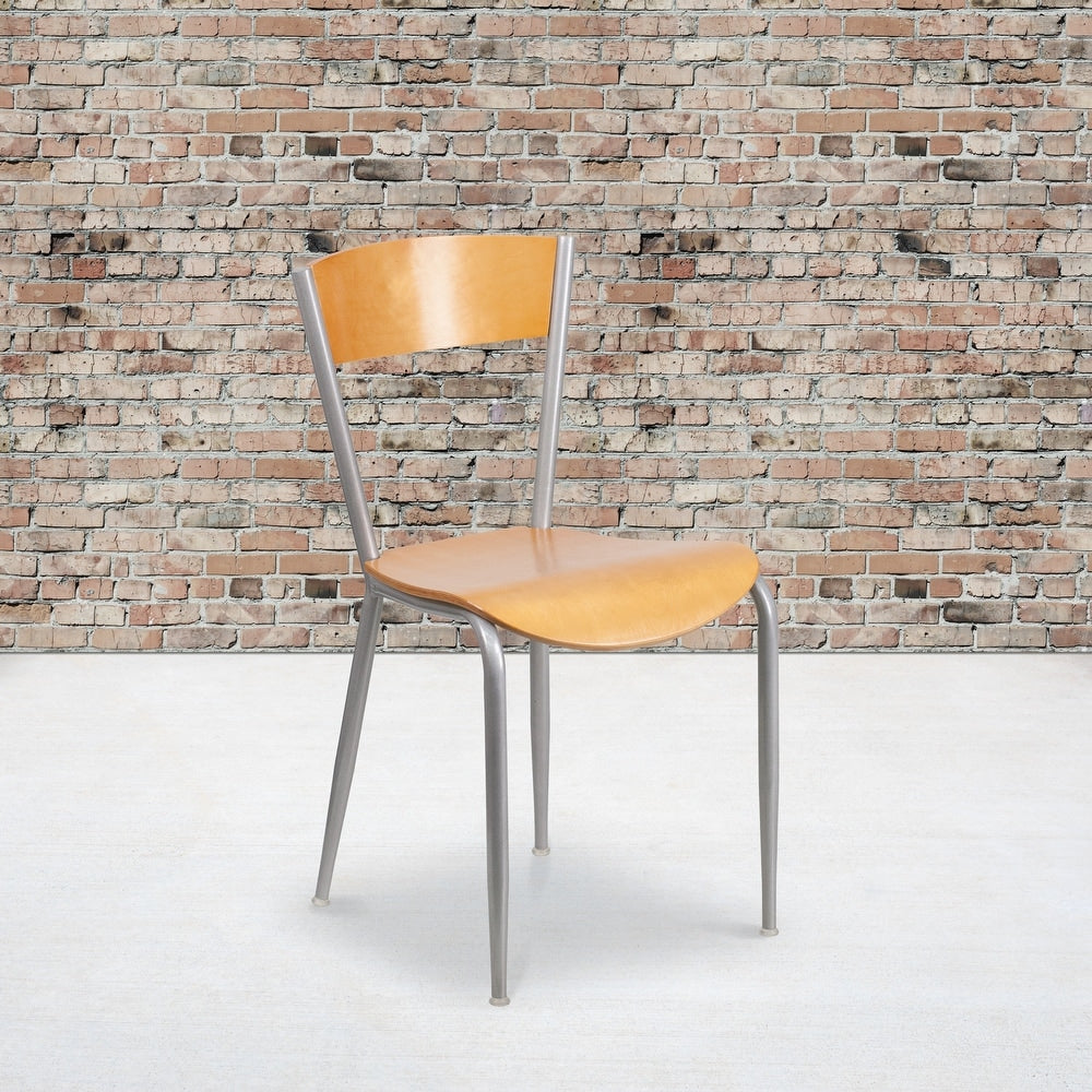Silver Metal Restaurant Chair - Natural Wood Back & Seat - 16.75