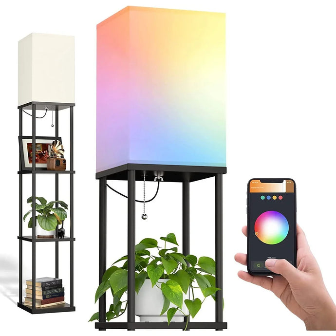 Smart Modern Shelf Floor Lamp with RGB Bulb and White Lamp Shade - Display Floor Lamps with Shelves, Classic Black