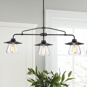 Temet Matte Black Linear 3-Lamp Chandelier with Hooded Glass Shades