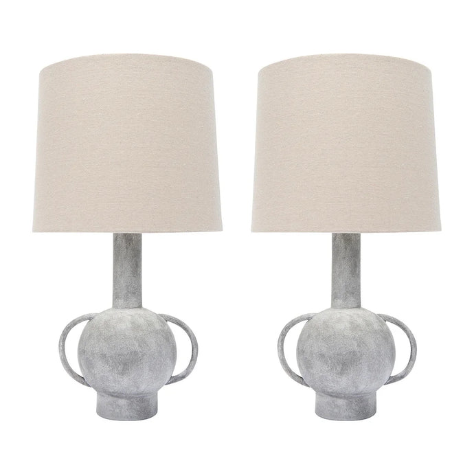 Terracotta Table Lamp with Handles, Distressed Finish & Linen Shade (Set of 2)