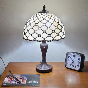 Tiffany Style Table Lamp Jeweled Beaded 19" Tall Stained Glass White Stains Bedroom Office Handmade AM120TL12B Amora Lighting