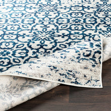 Distressed Damask Navy Blue White Area Rug