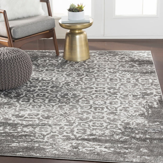 Damask Distressed Dark Grey Ivory Area Rug