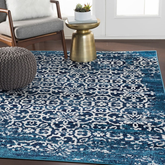 Vintage Damask Navy Blue White Area Rug