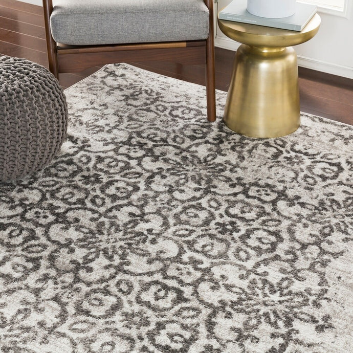 Damask Distressed Light Grey Ivory Area Rug