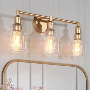 Transitional Glass Bathroom Vanity Lights 3-light Wall Sconce Rose Gold with Clear Bell Glass Shade