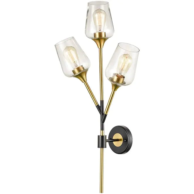 Turin Modern Clear Glass Wall Sconces Brass & Black Bathroom Vanity Lighting, 3-Light - Brass & Black