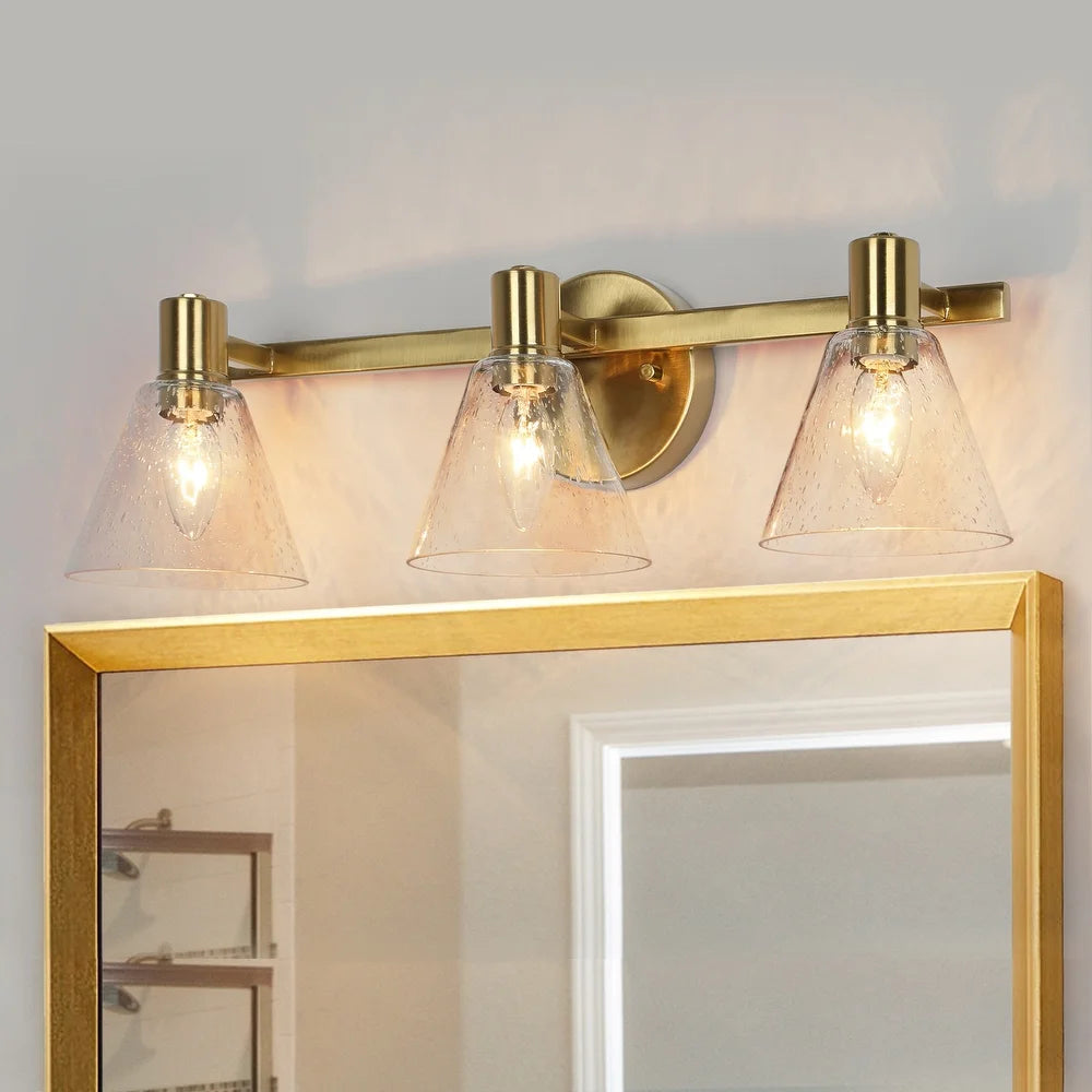Veniya Modern Brass Gold 3-light Bathroom Vanity Light with Seeded Glass LED Dimmable Wall Sconce - L 21.5