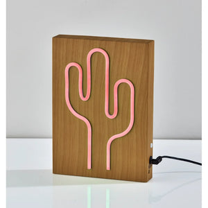 Wood Framed Neon LED Cactus Table or Wall Lamp