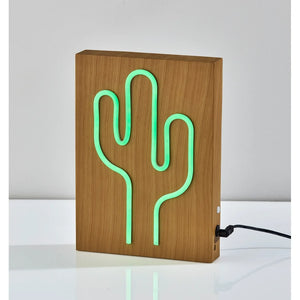Wood Framed Neon LED Cactus Table or Wall Lamp