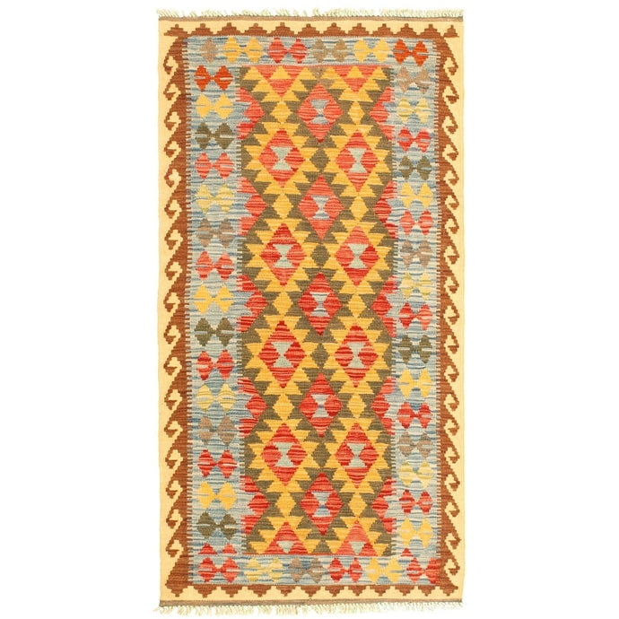 Anne Hathaway Collection Flat-weave Sivas Green, Gold Wool Kilim Rug